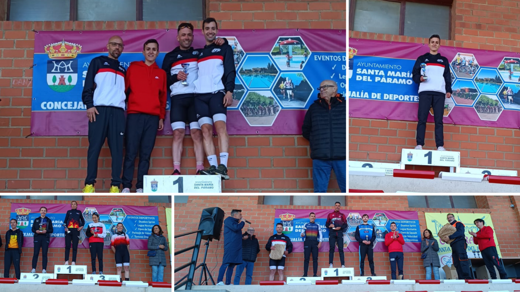 Óscar Pina y el equipo del Triatlón Aranda junto a Estefanía y Pelopo en el podio de Santa María del Campo. / Triatlón Aranda