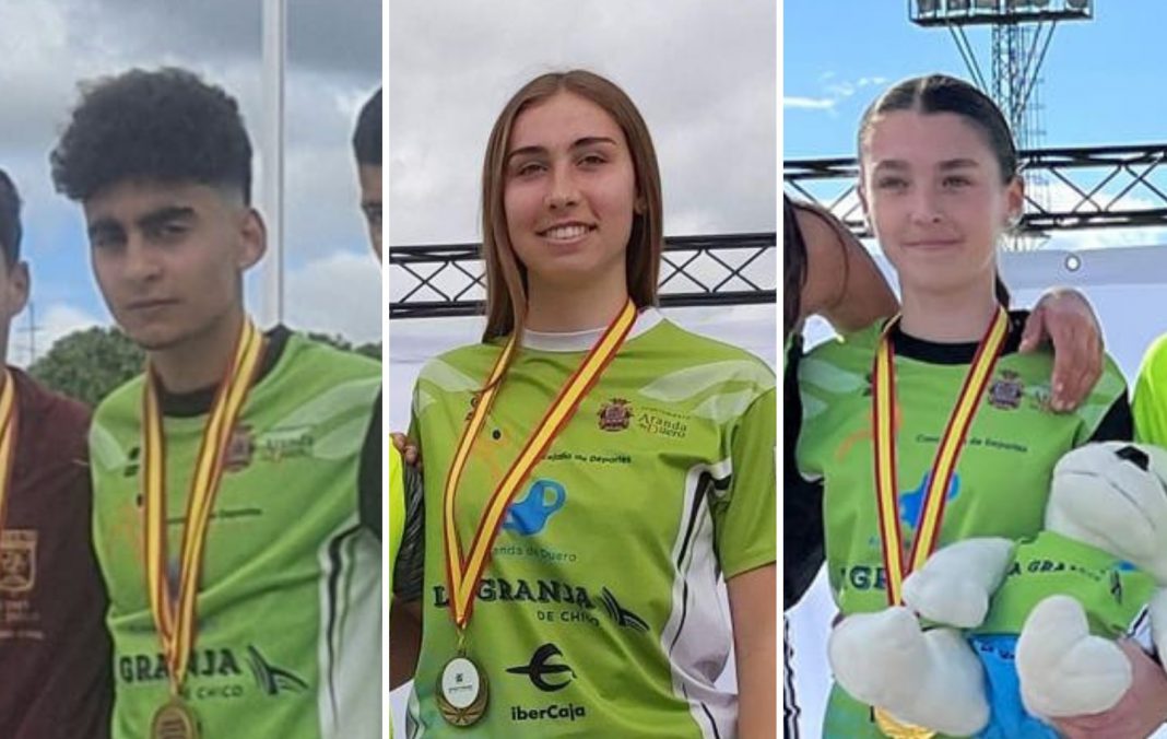 Soufiane Tribak, Elsa Rojo e Inés Moral -de izq. a dcha- campeones de Castilla y León. / Atletismo Aranda