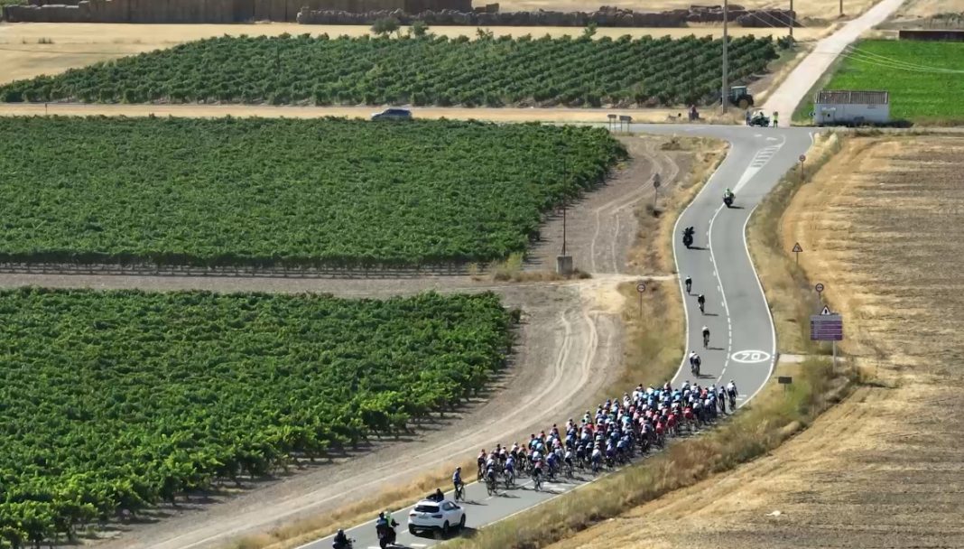 El pelotón de corredores durante el tránsito por una de las carreteras en Vuelta Ribera. / Trece Grados