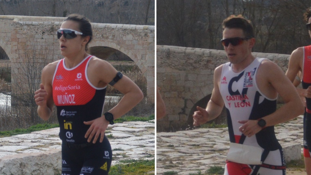 Marina Muñoz (i) y Fernando Carmona se proclaman Campeones de Castilla y León de Duatlón Sprint en Langa de Duero. / Federación de Triatlón de Castilla y León